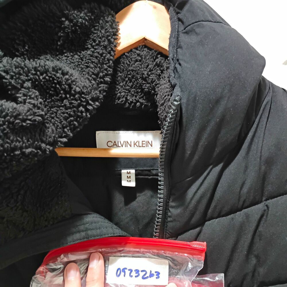 Calvin Klein Womens M Black Puffer Jacket Sorona Aura Sherpa Hood Insulated